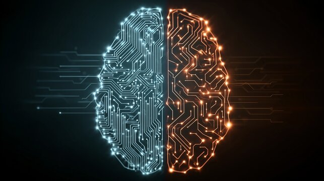 Artificial intelligence digital brain concept with glowing blue and orange electronic circuit board lines representing machine learning and neural network processing on dark background - Powered by Adobe