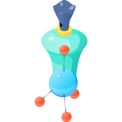 Isometric Illustration Of A Turquoise Laboratory Flask With A Blue Sphere And Red Spheres Attached By Thin Lines Isolated On White Background