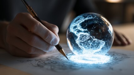 Businessman hand writing with pen on paper with glowing digital earth globe hologram for global business strategy and innovation planning concept