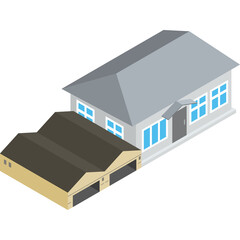 Isometric illustration of a two story residential house with attached two car garage in neutral gray and tan colors against a transparent background