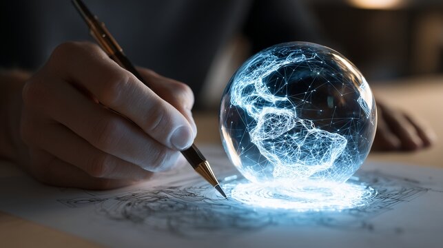 Businessman hand writing with pen on paper with glowing digital earth globe hologram for global business strategy and innovation planning concept - Powered by Adobe