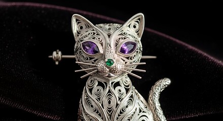 Intricate Silver Filigree Cat Brooch with Gemstone Eyes on Dark Background.
