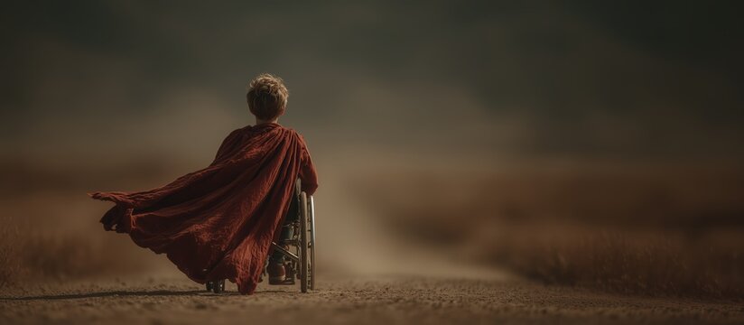 A child in a wheelchair with a red cape, a superhero, heroes among us, never giving up, victory over illness, willpower, unbroken, strong. High quality - Powered by Adobe