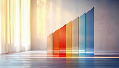 A series of colorful, translucent bars stand in ascending order on a reflective floor, bathed in soft light from a window with sheer curtains.