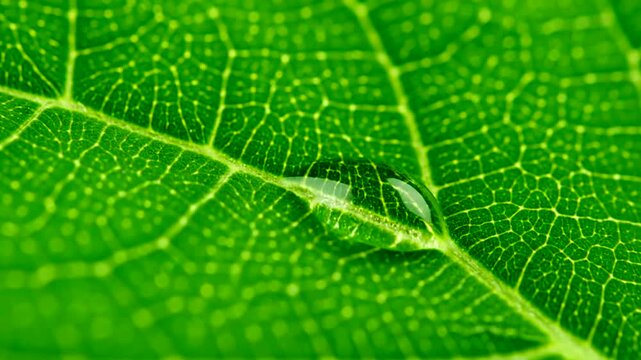 Green leaf with water droplets, vibrant nature close-up with detailed veins and textures