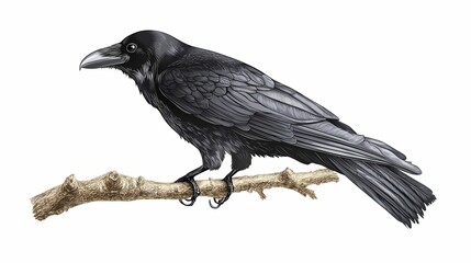 Obraz premium Detailed illustration of a black bird perched upon a weathered wooden branch against a white background