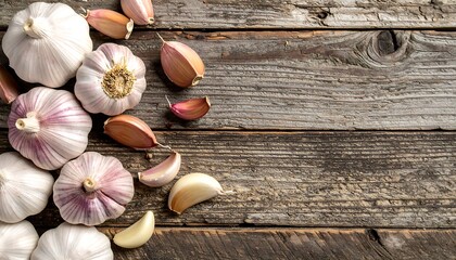 Fresh Garlic Bulbs and Cloves on Rustic Wooden Background.