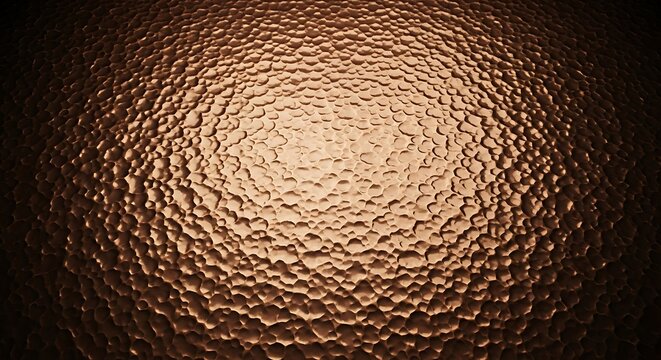Abstract background texture of hammered copper metal surface with warm light reflection and dark vignette effect