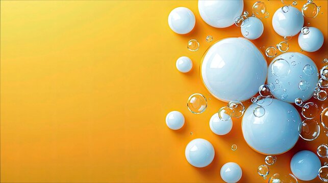 A collection of smooth white spheres and clear water bubbles are scattered across a vibrant yellow gradient background.