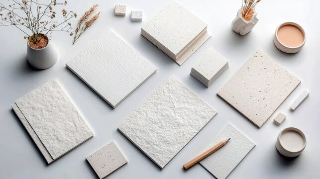 A flat lay composition featuring various textured paper samples, a pencil, and art supplies, arranged aesthetically on a white background.