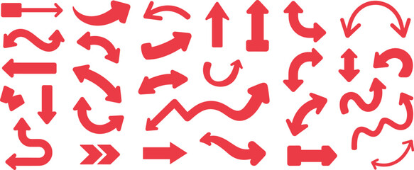Collection of twenty five red arrow icons in various directions and styles, bold vector symbols for navigation and design elements