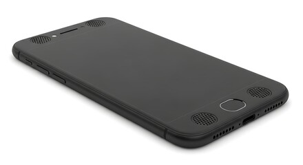 Back view of a modern black smartphone with fingerprint sensor and speaker grille detail isolated on white background