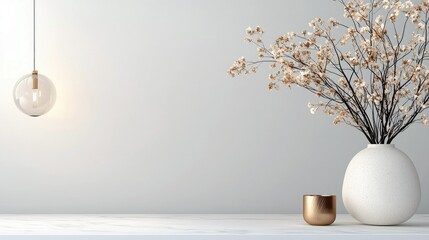 A minimalist interior scene featuring a modern glass pendant light and a white vase filled with dried flowers, placed on a marble surface.