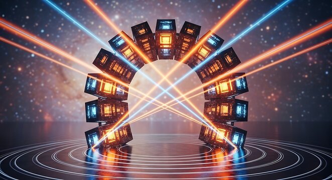 Futuristic digital data processing archway with glowing orange and blue laser beams in a starry space environment