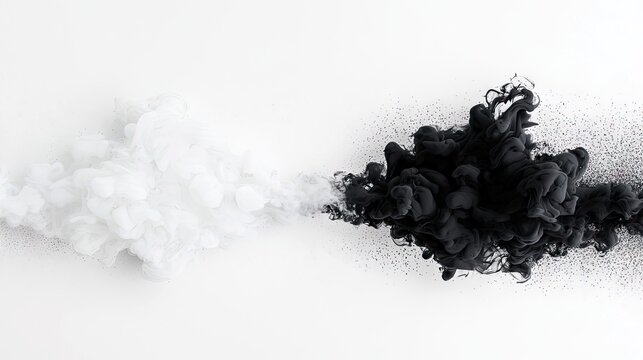 A dynamic composition featuring swirling clouds of black and white ink dispersing in water, creating a striking contrast.