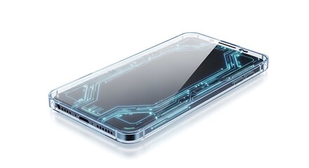 Transparent smartphone with glowing blue digital circuit lines visible inside, isolated on white background