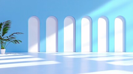 Obraz premium A bright, minimalist interior space with a light blue wall, a row of arched doorways, and a potted palm plant casting dappled shadows on the floor.