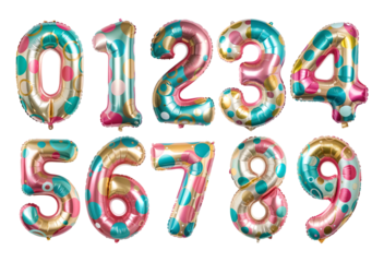 Polka Dot Number Balloons 0 to 9 isolated on a transparent background