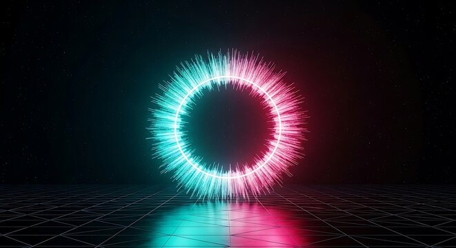 Abstract glowing neon ring of light particles in cyan and magenta colors on a dark futuristic background