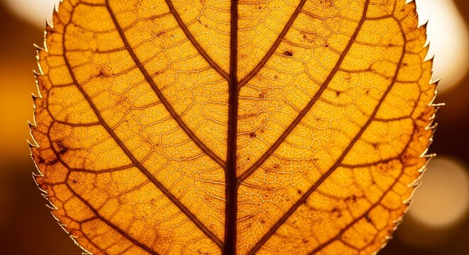 Closeup macro shot of a vibrant orange autumn leaf showing intricate vein structure backlit by warm sunlight, highlighting seasonal change - Powered by Adobe