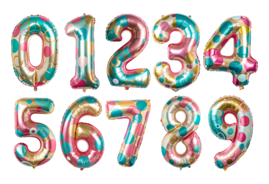 Polka Dot Number Balloons 0 to 9 isolated on a transparent background