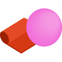 Isometric illustration of a rolled orange mat and a pink sphere with transparent background on a white surface, representing abstract shapes and geometric design with clean lines