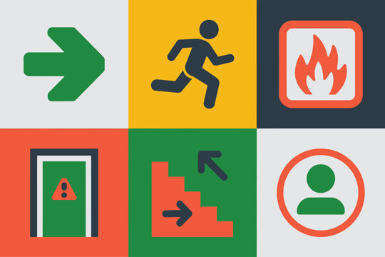 Evacuation guidance symbols set, exit arrow markers, sprinting figure, fire heat icon, hazardous door panel, assembly sign