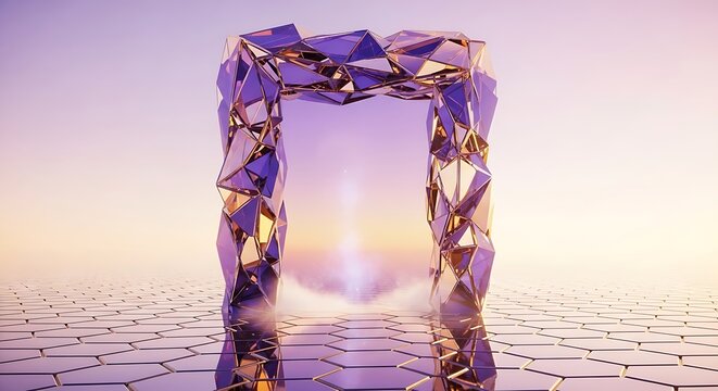 Abstract futuristic portal gateway made of shattered purple crystal shards opening to a bright light in a digital landscape