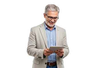 Smiling older man with glasses holding a tablet isolated on transparent background