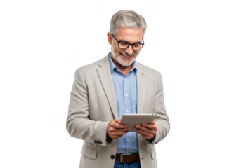 Smiling older man with glasses holding a tablet isolated on transparent background