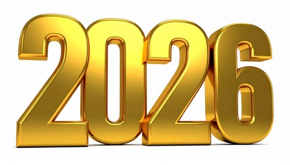 Golden 2026 Year Number Shiny Decoration Design Isolated on White Reflecting Background Representing Upcoming New Year Holiday and Future Timeframe Expectation