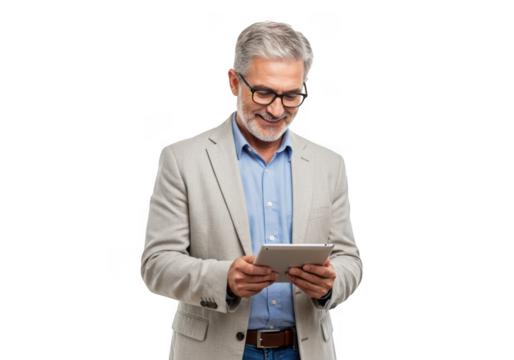 Smiling older man with glasses holding a tablet isolated on transparent background