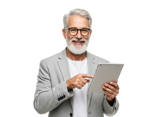 Smiling older man with beard and glasses holding a tablet isolated on transparent background