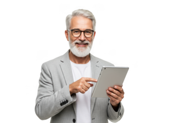 Smiling older man with beard and glasses holding a tablet isolated on transparent background