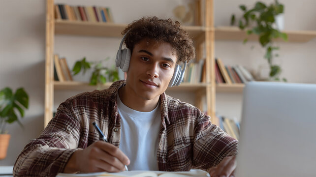 Remote studying. Concentrated African American guy in headphones watching video course on laptop and taking notes, learning virtual lesson, writing down useful information