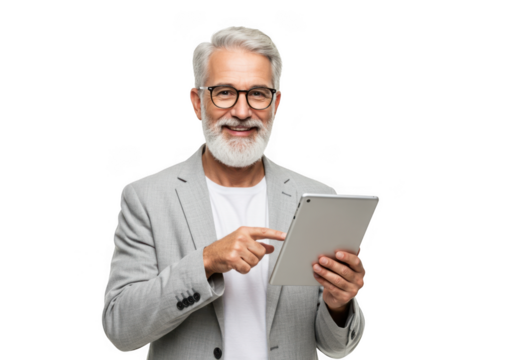 Smiling older man with beard and glasses holding a tablet isolated on transparent background