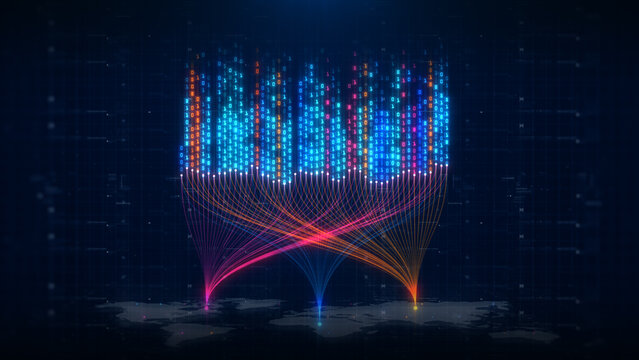 Colorful digital data streams flow across a global network with binary code, representing big data, AI, analytics, cloud processing, and futuristic technology systems. 3D rendering