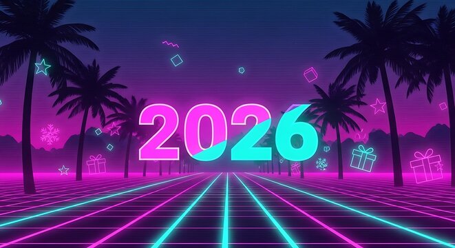 Retro synthwave new year 2026 celebration with glowing neon grid road and palm tree silhouettes at sunset