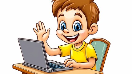 Cheerful cartoon boy with brown hair waves while sitting at a desk with an open portable computer