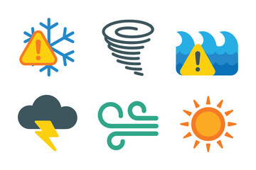 Weather risk symbol set, icy snowflake warning, whirlwind tornado, rain cloud, gusty wind, sunny day, climate alert