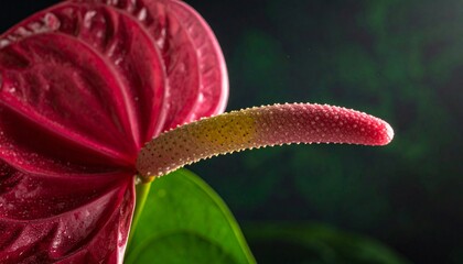 Close up of red anthurium flower with spadix and green leaf detail beauty tropical plant blossom floral macro photography decorative botanical elegant design nature background