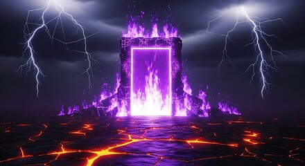 Mysterious glowing purple portal structure surrounded by intense lightning strikes over a cracked, fiery lava ground