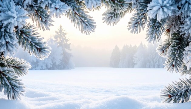 Frosty pine branches frame a serene winter landscape at dawn with soft light illuminating the snowy field