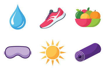 Healthy lifestyle icons pack, hydration water drop, running shoe, fresh fruit bowl, sleep mask, shining sun, wellness vector