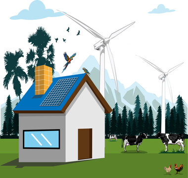  The house uses natural energy, wind turbines and solar panels, which are environmentally friendly with solar panels in the form of images.