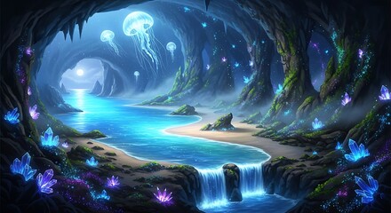 Enchanting underwater cave with glowing jellyfish and bioluminescent flora.