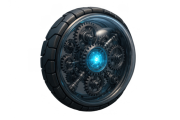 Futuristic wheel with visible intricate gears and glowing blue energy core, symbolizing advanced technology and innovation