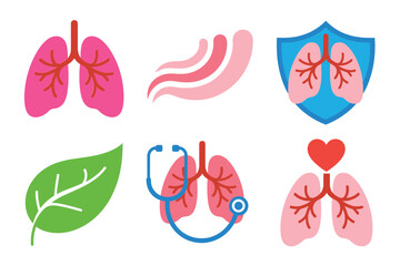 Breathing health illustration pack, lung anatomy, airway and lungs, protective shield, healing leaf, stethoscope heart, hospital vector