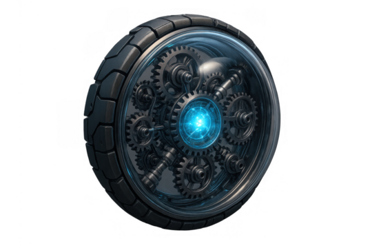 Futuristic wheel with visible intricate gears and glowing blue energy core, symbolizing advanced technology and innovation