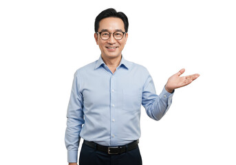 Asian man in glasses and blue shirt presenting something isolated on transparent background